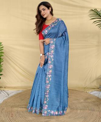 Blue color embroidery and floral,bird parttern work art silk saree 2
