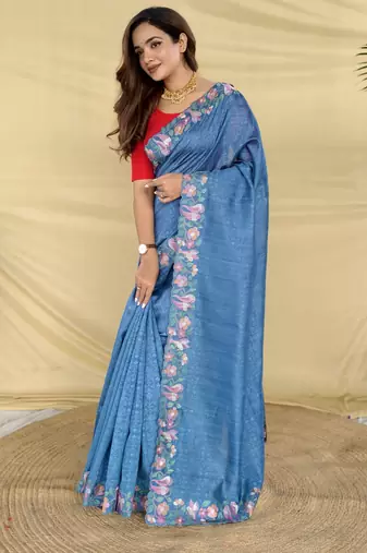 Blue color embroidery and floral,bird parttern work art silk saree