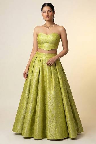 Lime Green Woven Brocade Lehenga Set