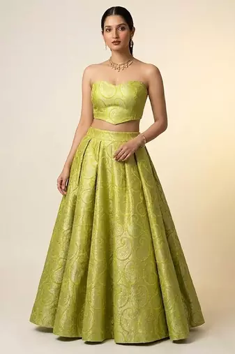 Lime Green Woven Brocade Lehenga Set