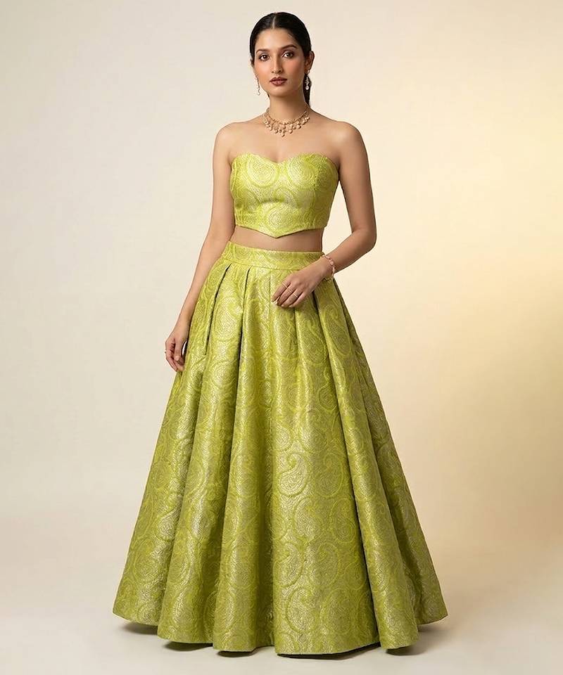 Lime Green Woven Brocade Lehenga Set