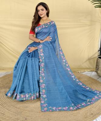 Blue color embroidery and floral,bird parttern work art silk saree 3