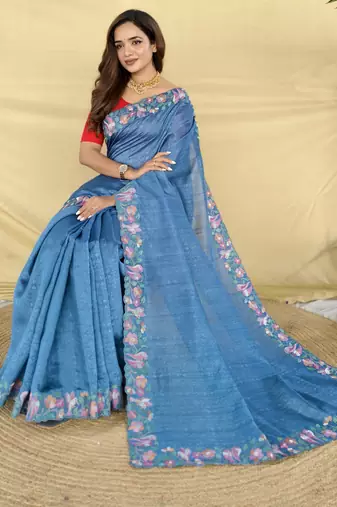 Blue color embroidery and floral,bird parttern work art silk saree