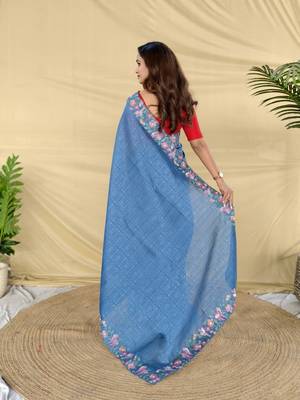 Blue color embroidery and floral,bird parttern work art silk saree 4