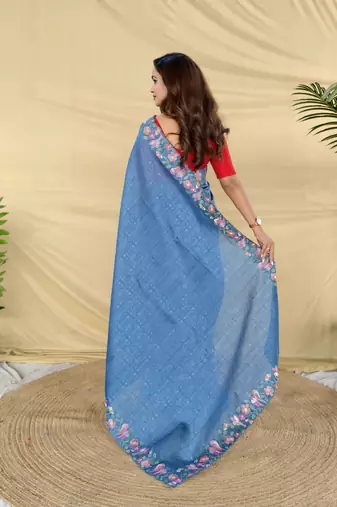 Blue color embroidery and floral,bird parttern work art silk saree