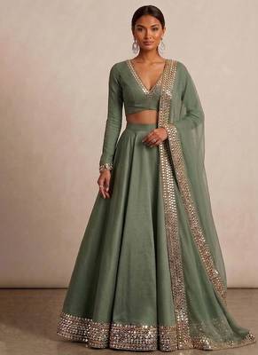 Sage Green Embroidered Satin Linen Lehenga Set 1