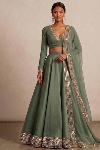 Sage Green Embroidered Satin Linen Lehenga Set