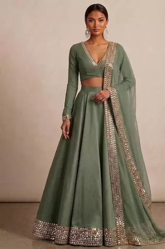 Sage Green Embroidered Satin Linen Lehenga Set