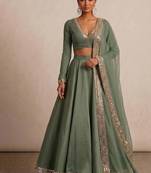Sage Green Embroidered Satin Linen Lehenga Set