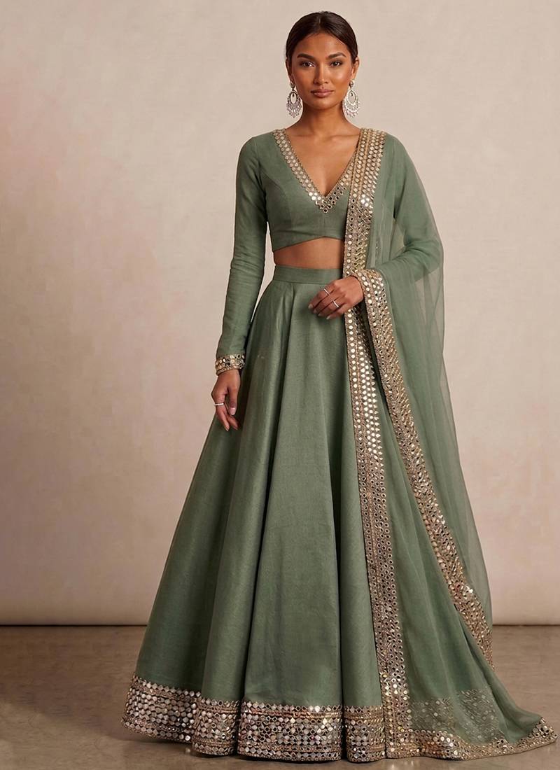 Sage Green Embroidered Satin Linen Lehenga Set