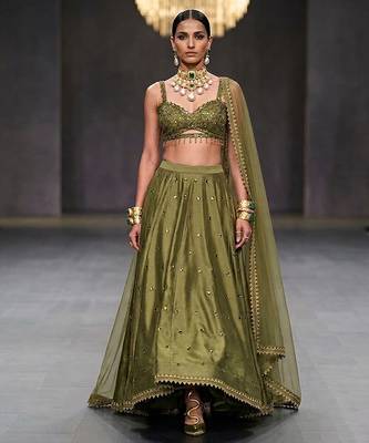 Olive Green Embroidered Dupion Silk Lehenga Set 1
