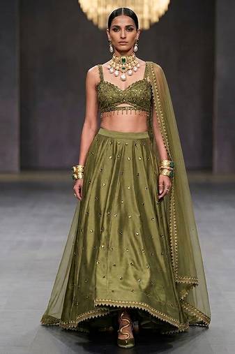 Olive Green Embroidered Dupion Silk Lehenga Set
