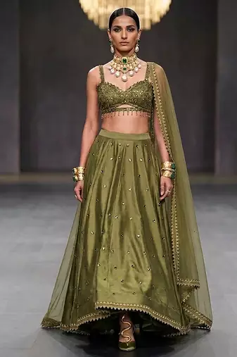 Olive Green Embroidered Dupion Silk Lehenga Set