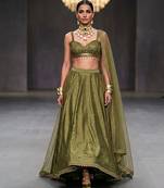 Olive Green Embroidered Dupion Silk Lehenga Set