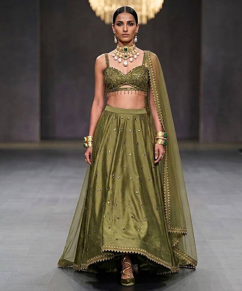 Olive Green Embroidered Dupion Silk Lehenga Set