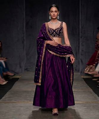 Crimson Red Dupion Silk Embroidered Blouse Lehenga Set 1