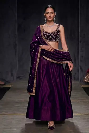 Crimson Red Dupion Silk Embroidered Blouse Lehenga Set