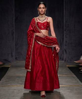 Crimson Red Dupion Silk Embroidered Blouse Lehenga Set 1