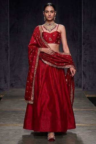 Crimson Red Dupion Silk Embroidered Blouse Lehenga Set