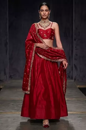 Crimson Red Dupion Silk Embroidered Blouse Lehenga Set