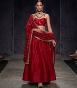 Crimson Red Dupion Silk Embroidered Blouse Lehenga Set