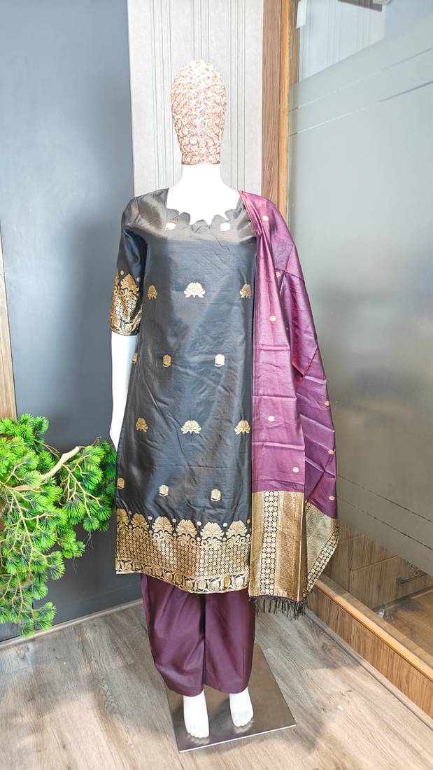 women's art silk woven butta motiff kurta pant with dupatta set