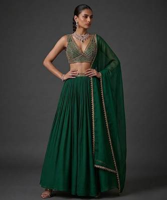 Emerald Green Embroidered Crepe Chiffon Lehenga Set 1