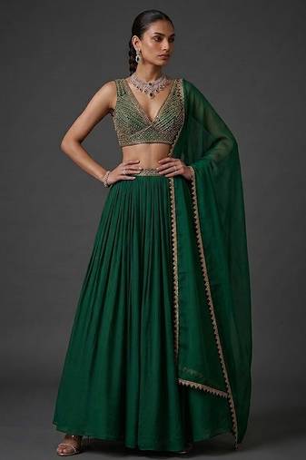 Emerald Green Embroidered Crepe Chiffon Lehenga Set