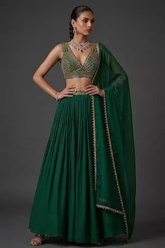 Emerald Green Embroidered Crepe Chiffon Lehenga Set