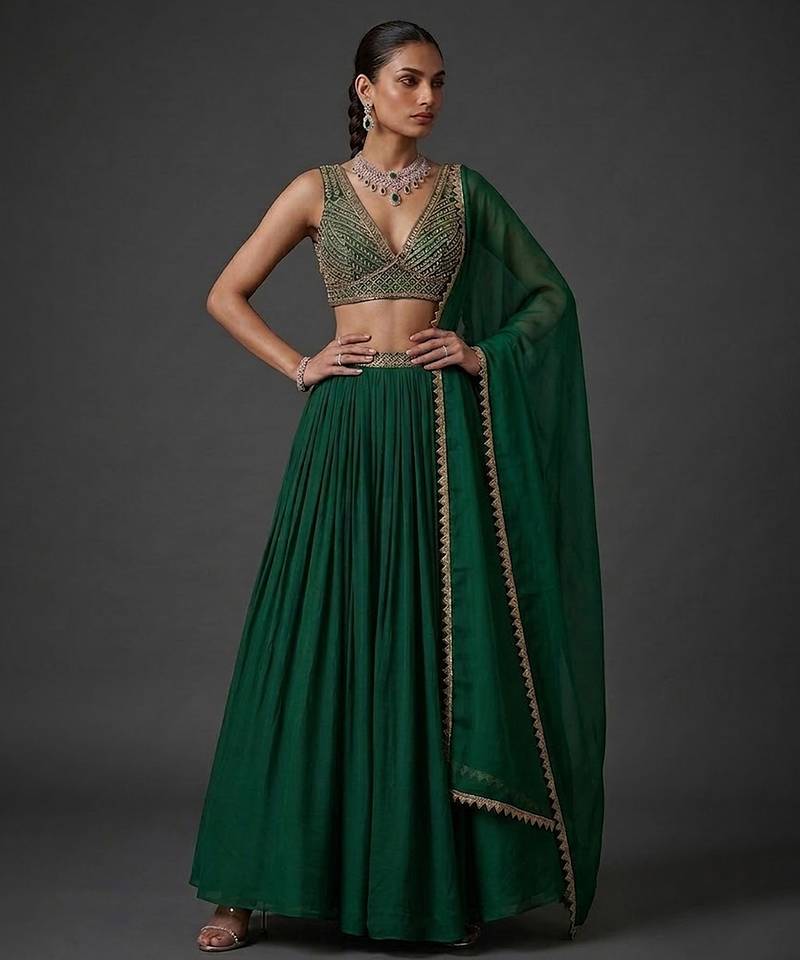 Emerald Green Embroidered Crepe Chiffon Lehenga Set