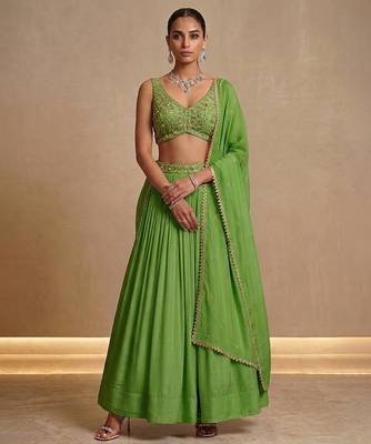 Light Green Embroidered Crepe Chiffon Lehenga Set 1