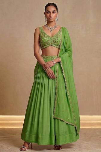 Light Green Embroidered Crepe Chiffon Lehenga Set