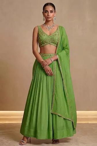 Light Green Embroidered Crepe Chiffon Lehenga Set