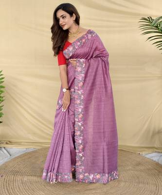 Purple color embroidery and floral,bird parttern work art silk saree 2