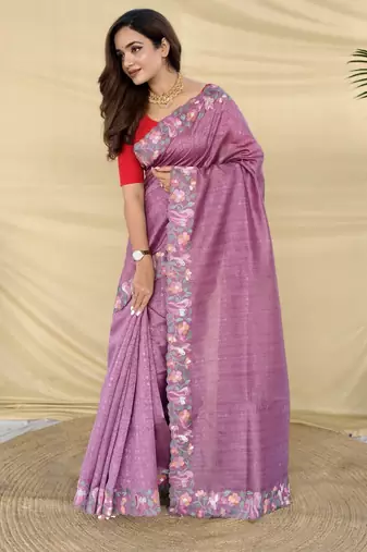 Purple color embroidery and floral,bird parttern work art silk saree