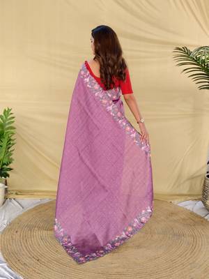 Purple color embroidery and floral,bird parttern work art silk saree 4
