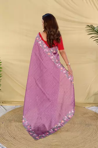 Purple color embroidery and floral,bird parttern work art silk saree