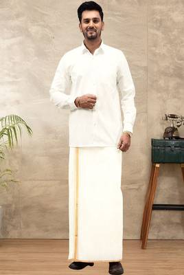 cream kora cotton men's dhoti with traditional zari border 3