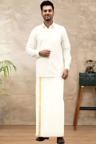 Cream zari border kora cotton dhoti