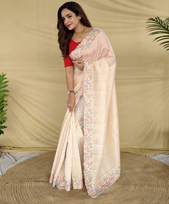 white color embroidery and floral,bird parttern work art silk saree 2