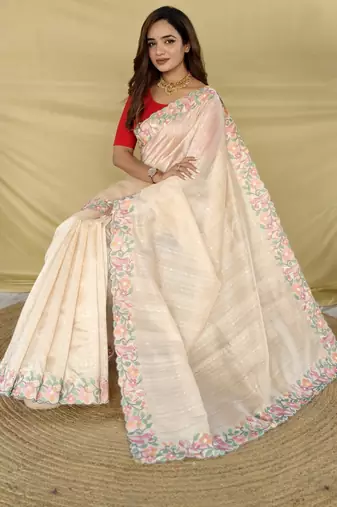 white color embroidery and floral,bird parttern work art silk saree