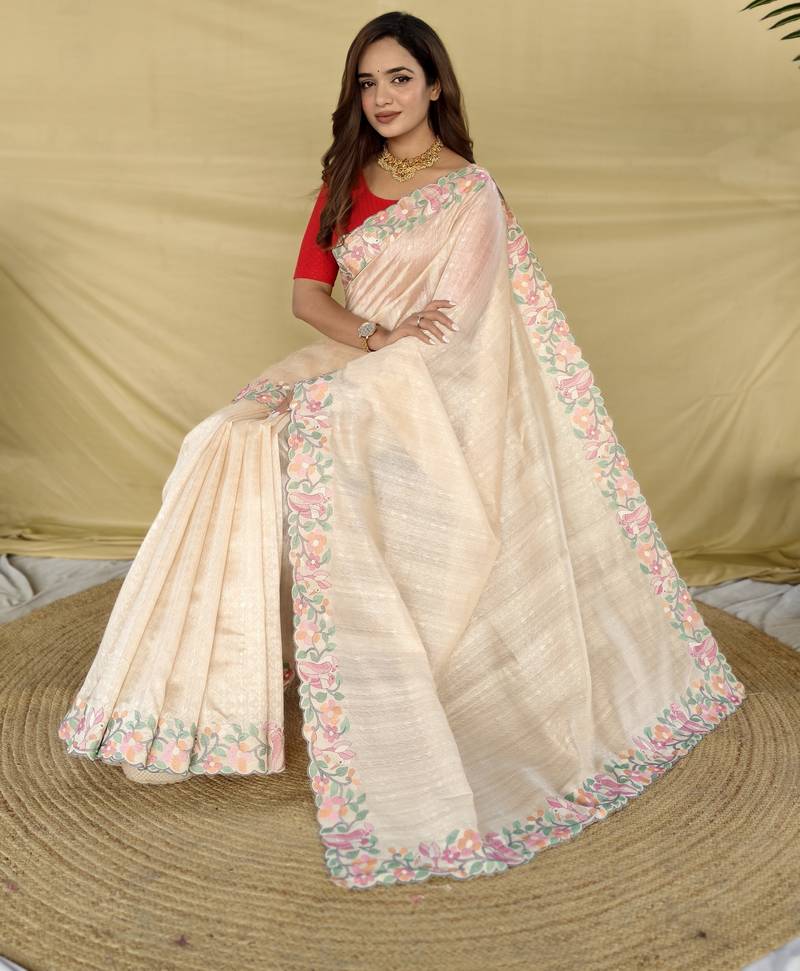 White color embroidery and floral,bird parttern work art silk saree