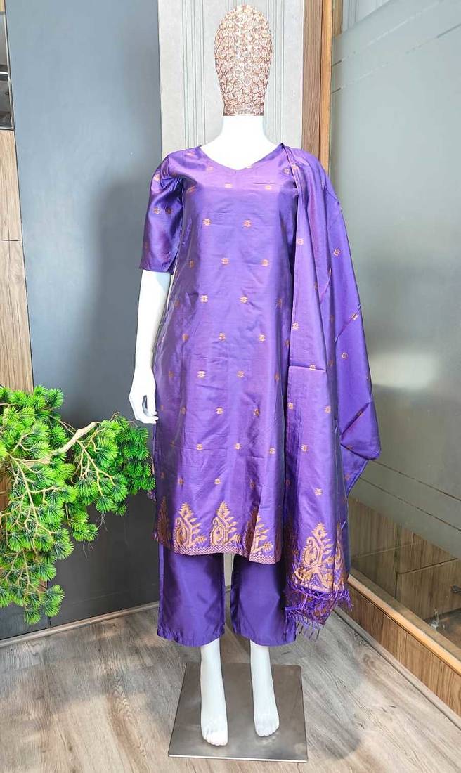 women's art silk woven butta motiff kurta pant with dupatta set