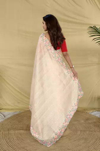 white color embroidery and floral,bird parttern work art silk saree