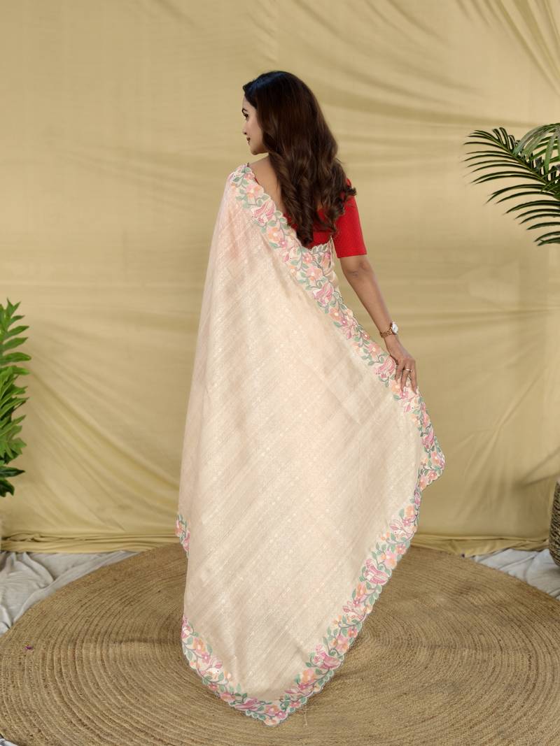 White color embroidery and floral,bird parttern work art silk saree