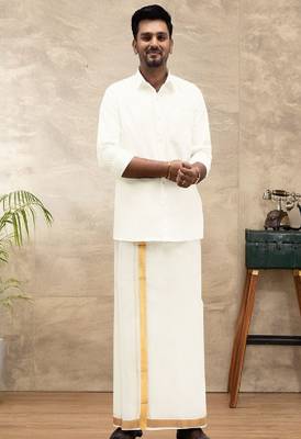 cream festive wear plain cotton men's dhoti 3