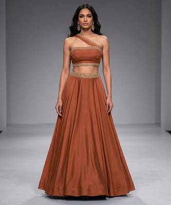 Brown Embroidered Dupion Silk Lehenga Set 1