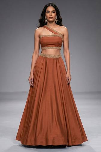 Brown Embroidered Dupion Silk Lehenga Set