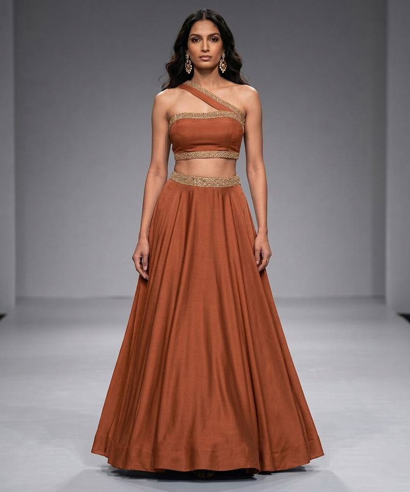 Brown Embroidered Dupion Silk Lehenga Set