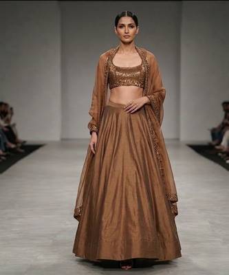 Brown Dupion Silk Embroidered Blouse Lehenga Set 1